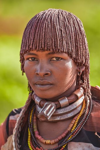 A woman of Ethiopian Hammer tribe heritage, featuring traditional hairstyle of dreadlocks