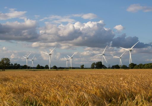 A scenic landscape featuring a picturesque backdrop of rolling hills and fields with wind turbines