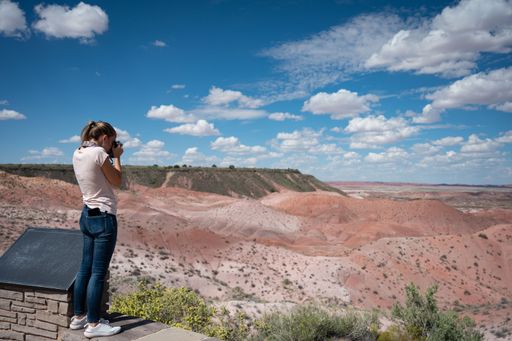 Young girl standing on the lookout taking pictures of the landscape of the Petrified Forest National Park