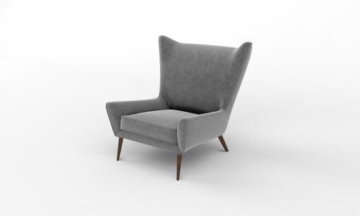 A closeup shot of a fancy gray armchair on a white plain background