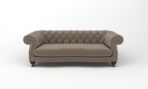A 3D rendered modern brown three-seater sofa on a white background