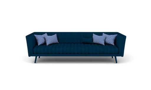 A 3D rendered modern blue three-seater sofa on a white background