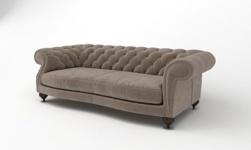 A 3D rendered modern brown three-seater sofa on a white background