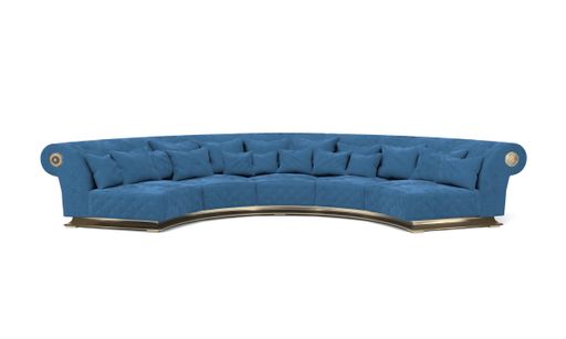 A 3D rendered modern blue corner sofa on a white background