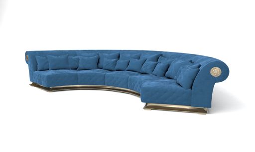 A 3D rendered modern blue corner sofa on a white background