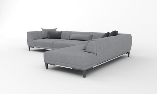 A 3D rendered modern corner sofa of gray color on a white background