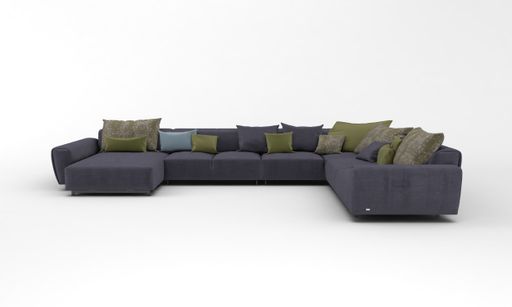 A 3D rendered modern corner sofa of dark gray color on a white background