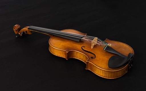 A close-up image of a violin resting on a dark background
