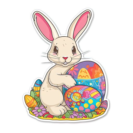 An illustration of a cute sticker rabbit with colorful Easter eggs against a bright background
