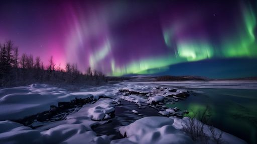 A breathtaking display of the Northern Lights illuminates the night sky above a tranquil, snow-covered river winding through a mountainous landscape dotted with majestic evergreen