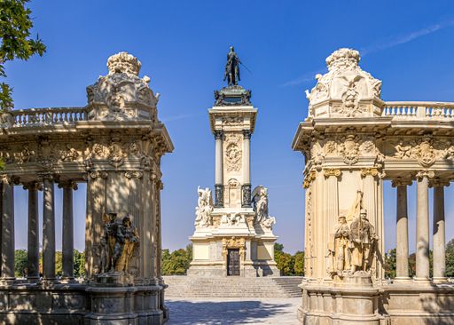 A historic beautifully architectured Monument to Alfonso XII in El Retiro Park, Madrid, Spain