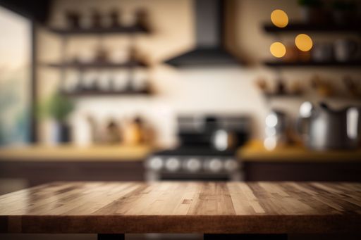 A closeup of an empty wooden kitchen table with copyspace and a blurry background
