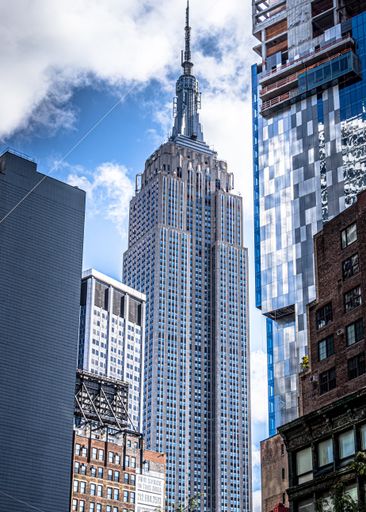 A vertical shot of a modern high-rise Empire State Building in New York City, New York