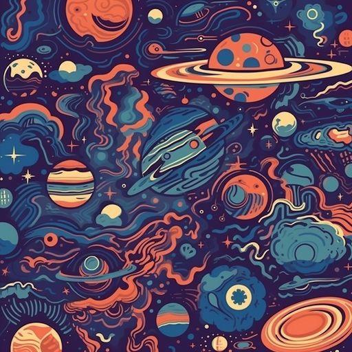 A close-up shot of an astronaut wearing a space-themed costume, with a matching wallpaper in the background