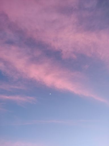 A beautiful shot of clouds in pink color and half-visible moon
