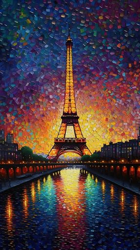 A vibrant oil painting featuring the iconic Eiffel Tower, with a sunset in the background