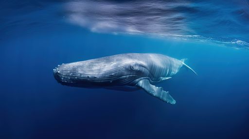 A majestic humpback whale swimming gracefully underwater in the depths of the ocean