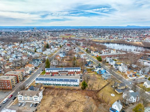 An aerial view of the city of Springfield Massachusetts on a cloudy day