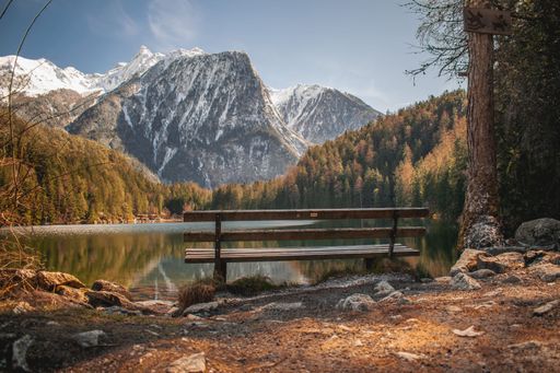 A wooden bench on the shore of Piburger See on a sunny day in spring in Austria