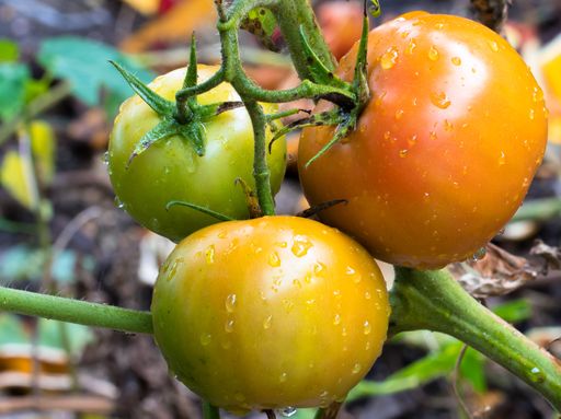 A selective focus shot of organic tomatoes growing in the garden with green leaves and water drops