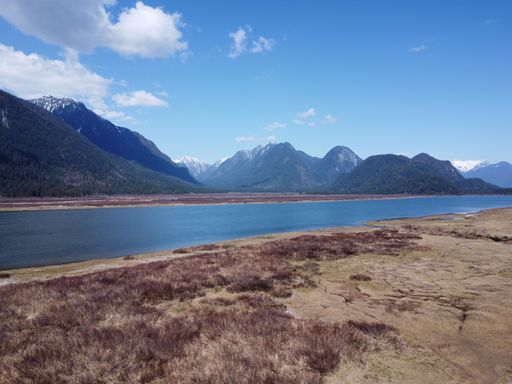 A drone view of a lake with lush mountains in the background