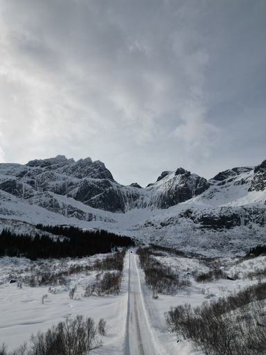 A tranquil winter scene of a snow-covered mountain in a rural area, with a winding road in the foreground