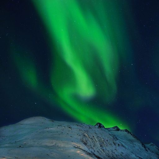 A landscape of a snowy hill under a starry sky during the breathtaking Northern Lights
