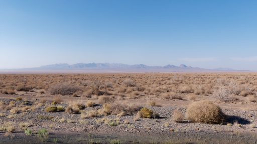An arid landscape with a vast expanse of barren desert terrain and a backdrop of majestic mountains