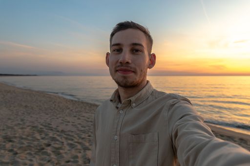 young man in a shirt taking a selfie at a sunset on the beach in spring