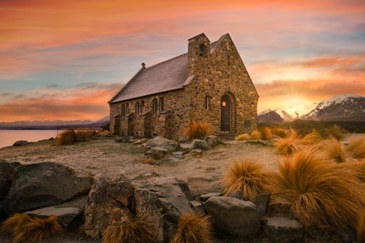 Sunrise view of the Church of The Good Shepherd. The church is located on the shore of Lake Tekapo, Mackenzie Country, South Island of New Zealand.