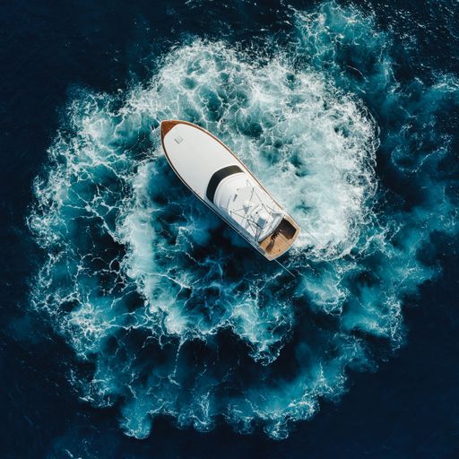 Beautiful top-down view of a boat spinning in the ocean in blue water
