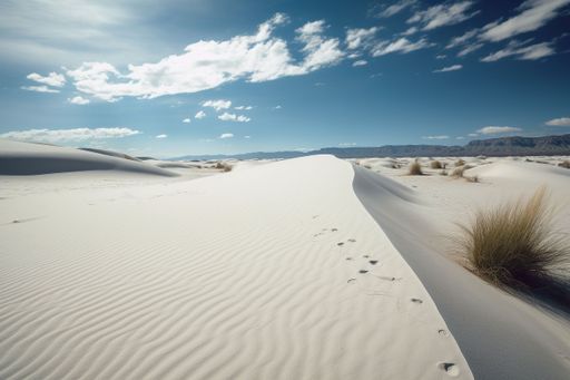 Panoramic view of an expansive desert landscape under a cloudless blue sky, with two sets of tracks leading into the distance