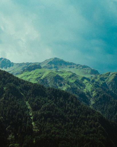 A vertical shot of a mountain peak covered in greenery under a cloudy sky