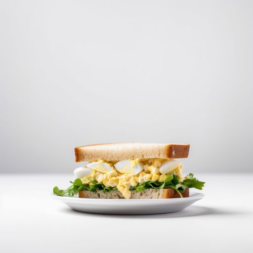 A close-up image of a freshly-prepared deli egg salad sandwich placed on a white plate against a plain neutral-toned background