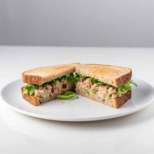 A freshly-prepared Deli toasted tuna salad sandwich on a white plate on a neutral background