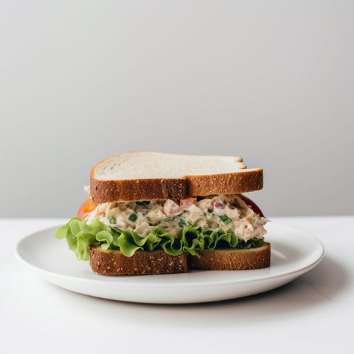A delicious tuna salad sandwich served on a white plate, isolated on a neutral background