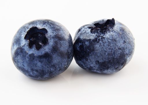 A macro shot of two blueberries isolated on a white background