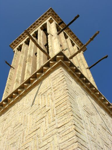 Historic wind-catch tower in Yazd, Iran, containing traditional ventilation system based on heat-exchange method used in buildings in southern Iran.
