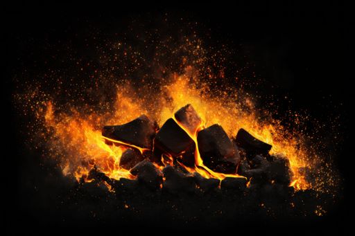 A vibrant shot of a fire pit burning in the darkness, with a backdrop of black and yellow smoke billowing in the air