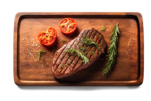 A freshly cooked steak is displayed on a rustic wooden board, garnished with juicy tomatoes, fragrant rosemary sprigs, and vibrant green parsley