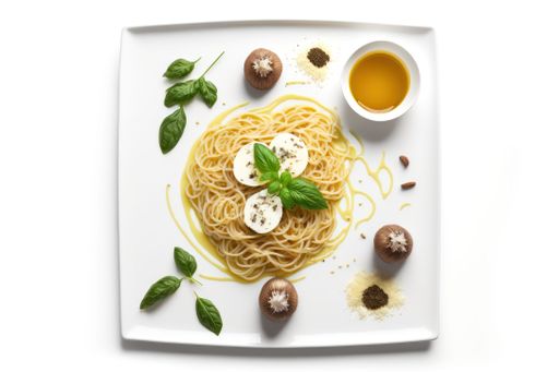 A white plate filled with a variety of fresh, colorful ingredients, including cooked pasta, mushrooms, eggs, and herbs