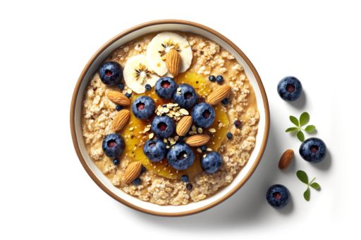 A healthy bowl of oatmeal topped with sliced bananas, fresh blueberries, and crunchy nuts