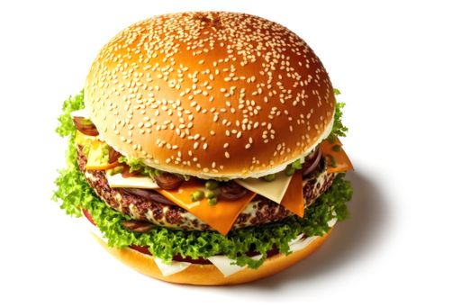 An illustration of a large hamburger with a large bun on top of it
