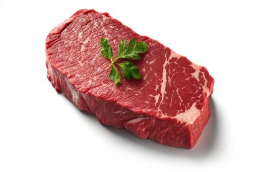 A close-up shot of a plate of succulent beef, garnished with a sprig of parsley in the center