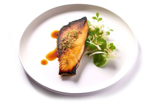 A beautifully presented seafood dish featuring succulent fish served on a white plate with a bed of fresh, green sprouts