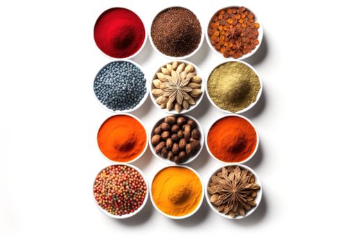 Three small, ceramic bowls filled with various spices, neatly stacked on top of one another