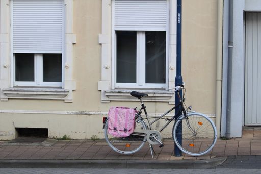 A bicycle leaning on a street lamp against the background of a building