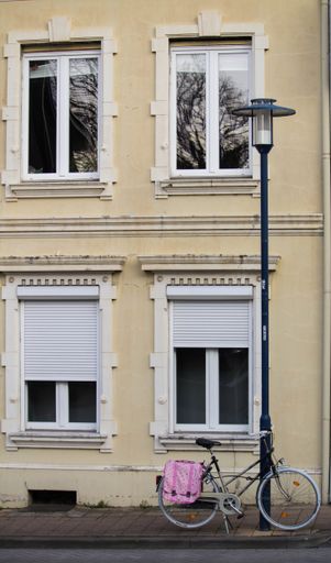 A bicycle leaning on a street lamp against the background of a building