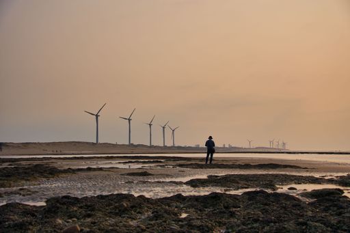 A silhouette of a man  standing on a lake shore during sunset, with the wind turbines