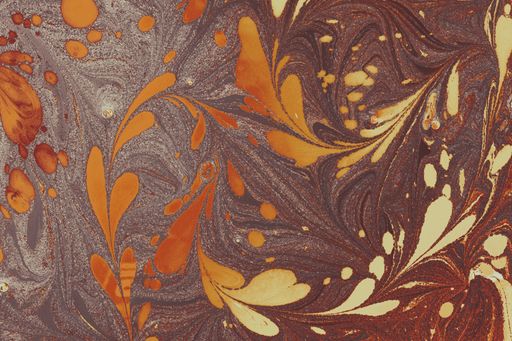 A beautiful abstract painting in ebru technique with petal-like elements on a gray-brown surface